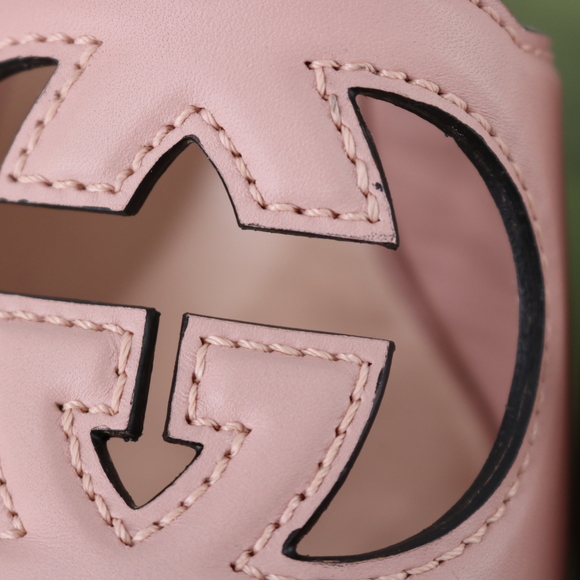 Gucci 37.5 Interlocking GG 110mm Logo Nude Pink Sandals Heels E798 - Picture 4 of 15